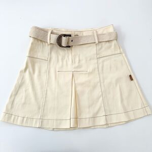 Masavi Womens Beige Cream Denim Pleated Belted Buckle Mini A-Line Skirt Size XS